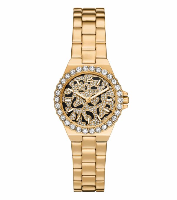 Michael Kors Mini Lennox gold-tone women's watch with pavé crystal bezel and leopard dial