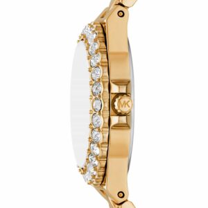 Side view of gold-tone watch showing bracelet strap with pavé crystal bezel detail