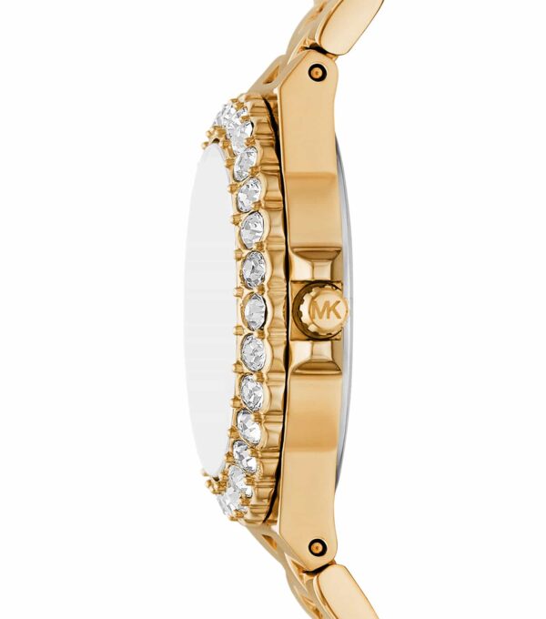 Side view of gold-tone watch showing bracelet strap with pavé crystal bezel detail
