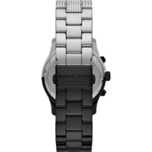 Michael Kors MK7433 Runway watch caseback showing stainless steel bracelet and black links
