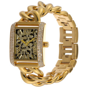 Michael Kors Mini Emery gold curb-link chain bracelet with rectangular case and animal print dial