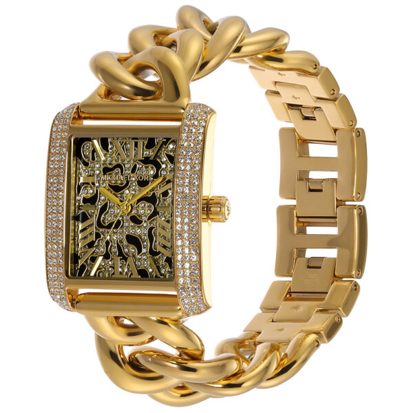 Michael Kors Mini Emery gold curb-link chain bracelet with rectangular case and animal print dial