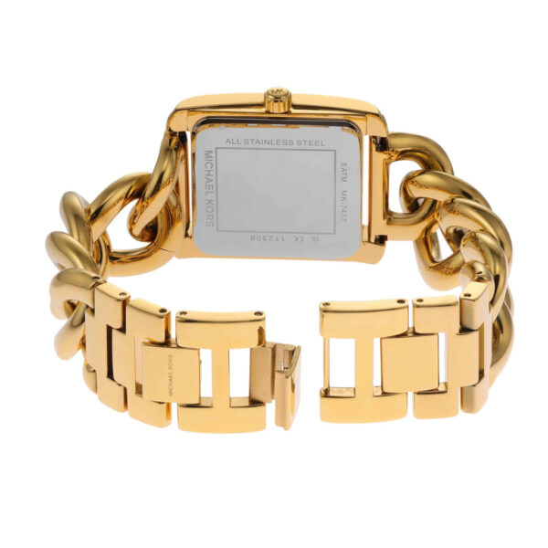 Michael Kors Mini Emery watch caseback showing stainless steel case with MK branding