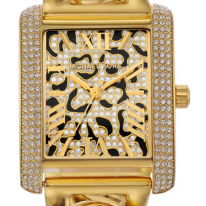 Michael Kors Mini Emery gold watch with rectangular animal print dial and pavé crystal bezel