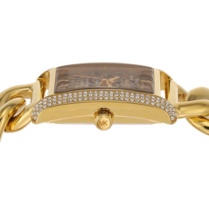 Michael Kors Mini Emery watch side view showing case edge with pavé crystals and gold curb links