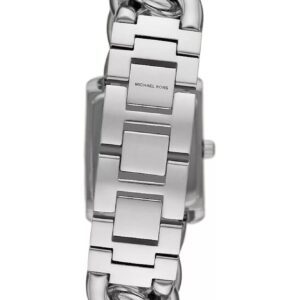 Michael Kors Mini Emery watch caseback showing silver rectangular case and band attachment