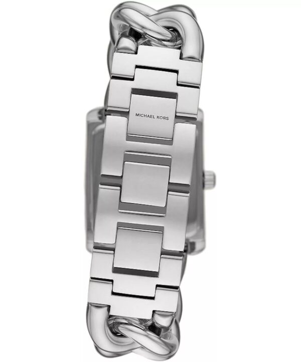 Michael Kors Mini Emery watch caseback showing silver rectangular case and band attachment