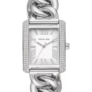 Michael Kors Mini Emery silver watch with rectangular pavé crystal case and curb-link bracelet