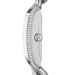 Michael Kors Mini Emery watch side view showing silver curb-link bracelet and crystal-set case edge