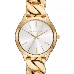 Michael Kors Slim Runway white dial watch with gold curb-link bracelet