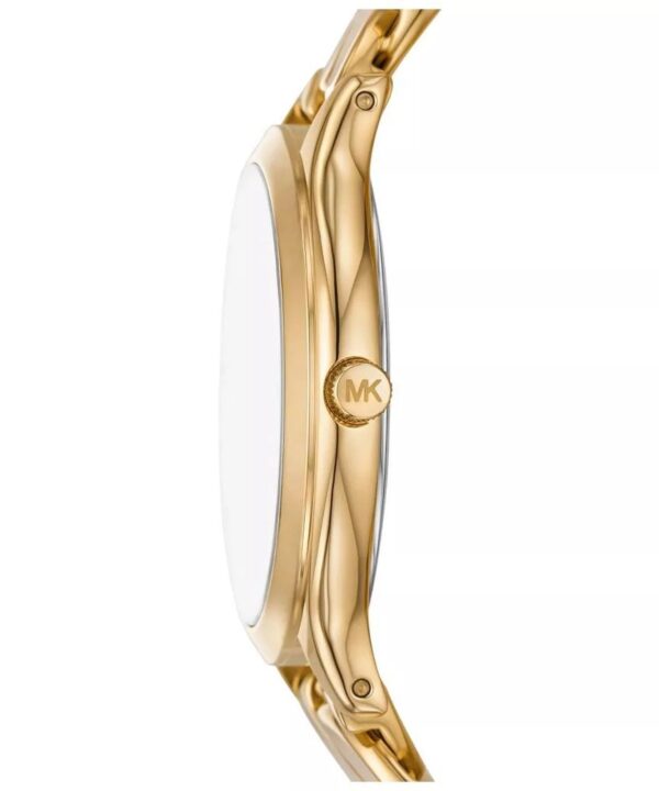 Michael Kors Slim Runway watch side view showing white dial and gold case profile