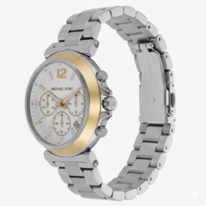 Side angle view of Michael Kors Maren watch showing silver bracelet and gold-tone bezel