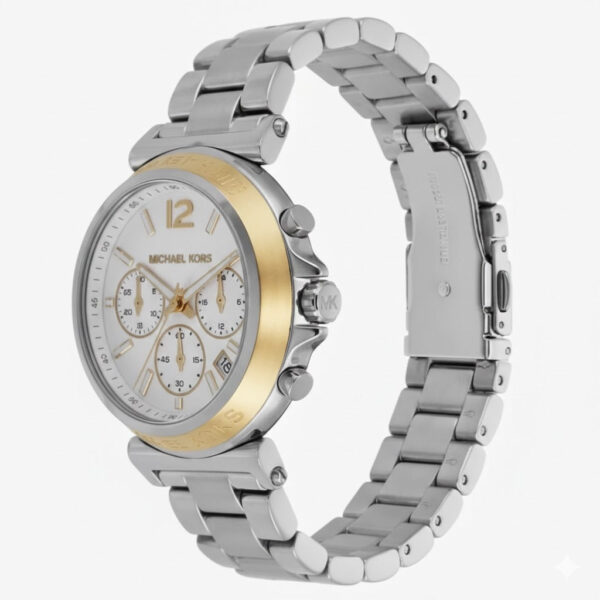 Side angle view of Michael Kors Maren watch showing silver bracelet and gold-tone bezel