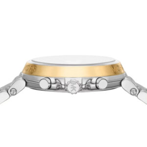 Side profile view of Michael Kors Maren chronograph case with gold-tone and silver two-tone design