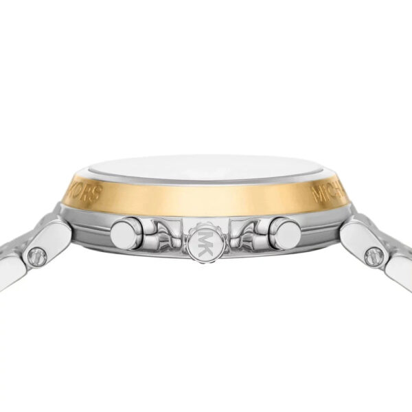 Side profile view of Michael Kors Maren chronograph case with gold-tone and silver two-tone design