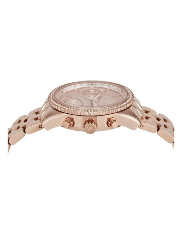 Side profile of rose-gold Mini Bryant chronograph showing case, crystal bezel, and chronograph pushers