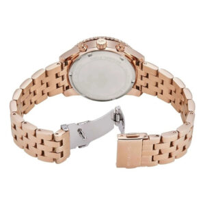 Caseback view of Mini Bryant rose-gold chronograph with link bracelet and fold-over clasp