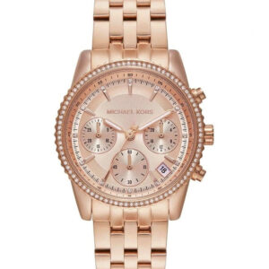 Michael Kors Mini Bryant rose-gold chronograph watch with pavé bezel and triple sub-dials on matching bracelet
