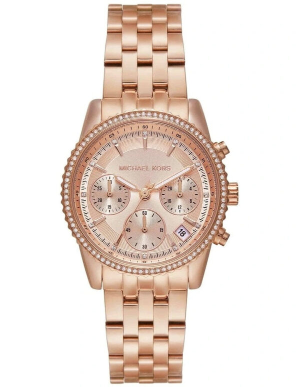 Michael Kors Mini Bryant rose-gold chronograph watch with pavé bezel and triple sub-dials on matching bracelet