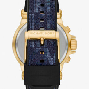 Michael Kors MK8936 watch showing gold case back and blue silicone strap detail