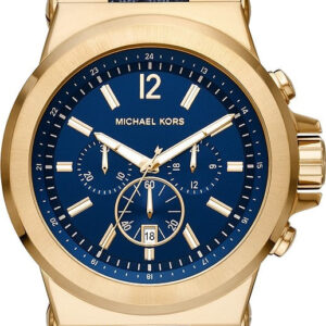 Michael Kors Dylan Chronograph watch with gold case, blue dial, and blue silicone strap