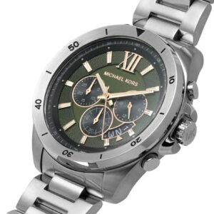 Michael Kors Brecken MK8984 watch angled view showing silver bracelet and chronograph subdials