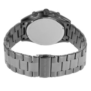 Back view of Michael Kors Slim Runway watch showing gunmetal bracelet and case back