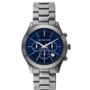 Michael Kors Slim Runway Chronograph gunmetal watch with blue dial and three subdials