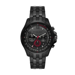 Michael Kors MK9127 black chronograph pilot watch with red accent subdials on black stainless steel bracelet