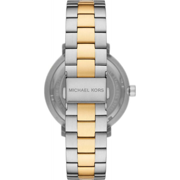 Michael Kors MK9134 watch caseback with stainless steel two-tone bracelet visible