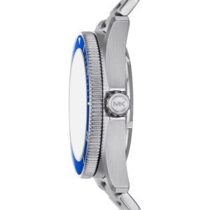 MK9160 watch side profile showing silver steel bracelet and blue rotating bezel with MK logo