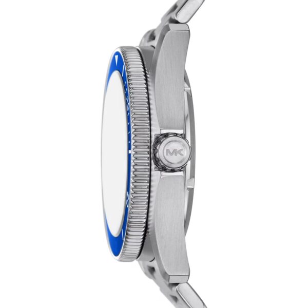 MK9160 watch side profile showing silver steel bracelet and blue rotating bezel with MK logo