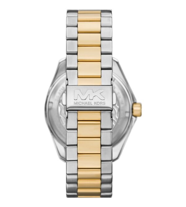 Michael Kors MK9180 watch caseback showing two-tone stainless steel and gold-tone bracelet