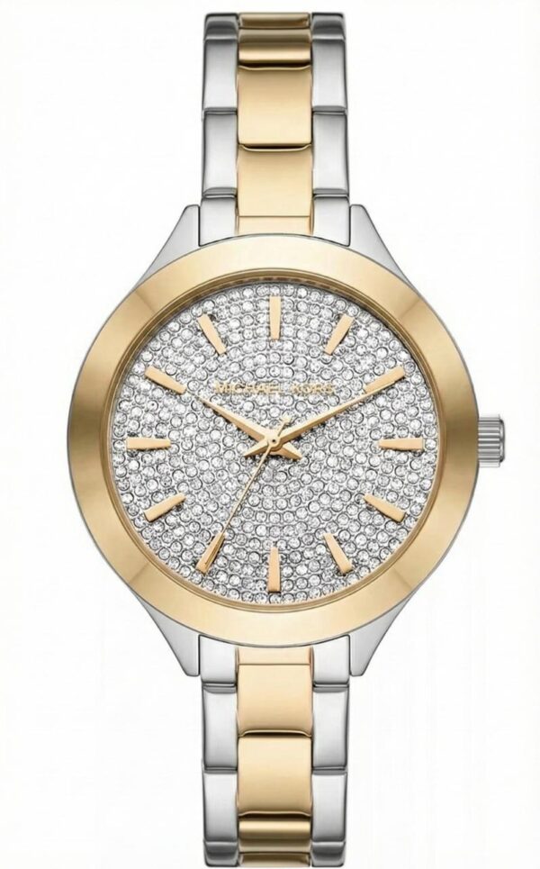 Michael Kors MKO1118 silver and gold-tone watch with crystal-paved dial and link bracelet
