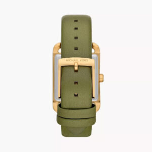 Back view of Michael Kors Monroe watch showing green leather strap and gold case