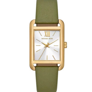 Michael Kors Monroe gold women's watch with white dial, gold Roman numerals, and green leather strap
