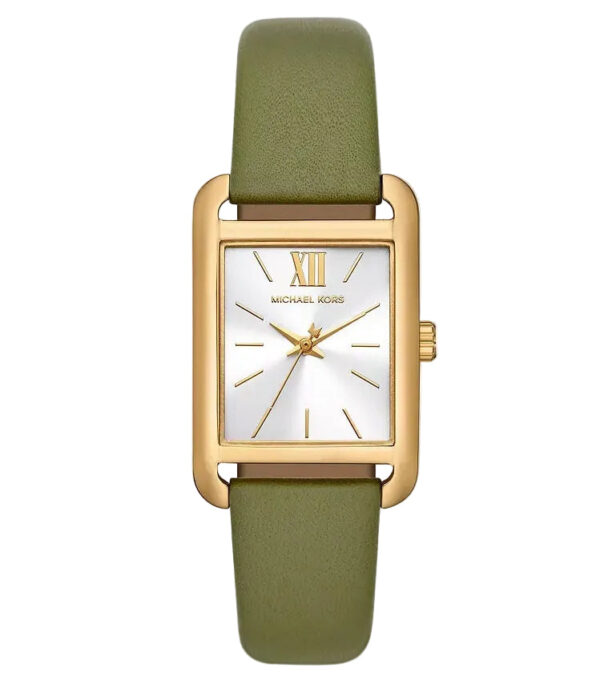 Michael Kors Monroe gold women's watch with white dial, gold Roman numerals, and green leather strap