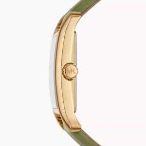 Side profile of Michael Kors Monroe watch showing gold case and green leather strap