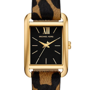 Michael Kors Monroe gold-tone watch with black dial and leopard print calf hair strap