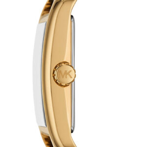 Side profile of Michael Kors Monroe watch showing gold-tone case and black leather strap