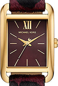 Michael Kors Monroe gold-tone rectangular watch with plum and black leopard print calf hair strap