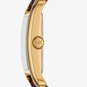 Side profile of Michael Kors Monroe watch showing gold-tone case and plum leopard strap