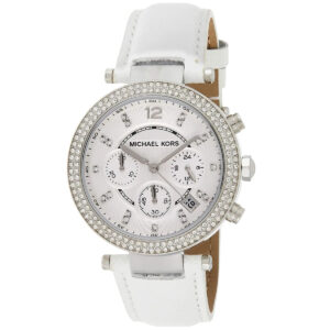 Michael Kors Parker MK2277 three-quarter view showing white leather strap and crystal-set bezel