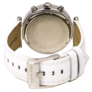 Michael Kors Parker MK2277 caseback showing watch back with engraved text and suede inner strap