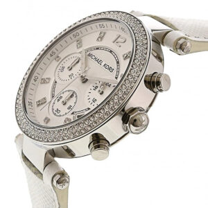 Michael Kors Parker chronograph side view with pushers and white leather band