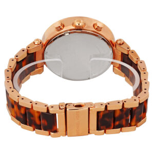 Michael Kors Parker watch caseback view showing rose-gold case back and tortoise acetate bracelet