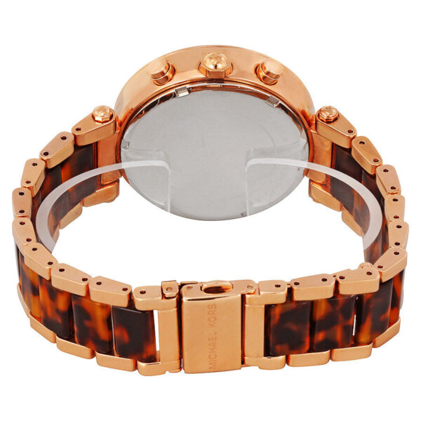 Michael Kors Parker watch caseback view showing rose-gold case back and tortoise acetate bracelet