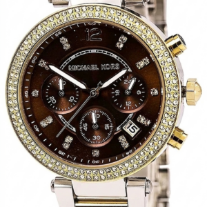Side angle view of Michael Kors Parker MK6118 watch showing two-tone steel bracelet and case