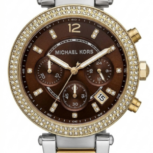 Michael Kors Parker MK6118 women's chronograph watch with brown dial, two-tone steel strap, and crystal bezel