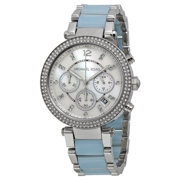 Michael Kors Parker women's watch at angle showing white dial, blue and silver bracelet